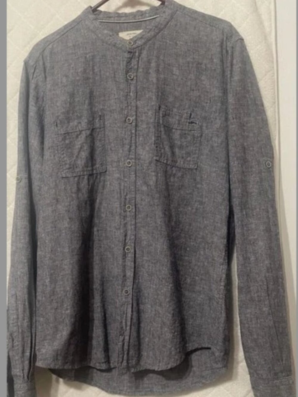 Pull&Bear Men's Band Collar Chambray Shirt Roll Up Long Sleeve EUR L